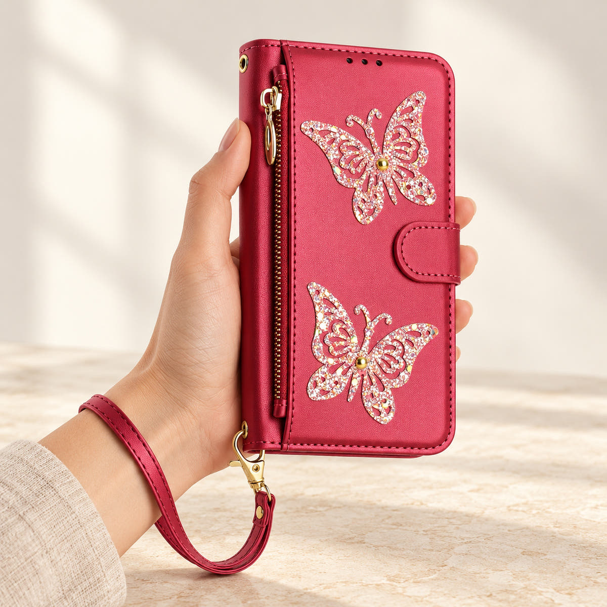 Red Butterfly iPhone wallet case — front view with wrist strap