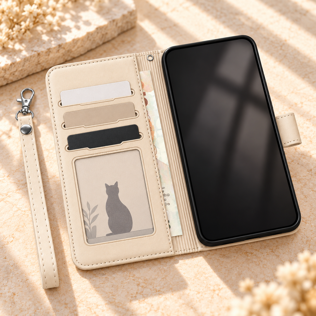 Ivory Cat Garden wallet phone case opened on a tabletop, showing card slots, ID window, cash pocket and detachable wrist strap.
