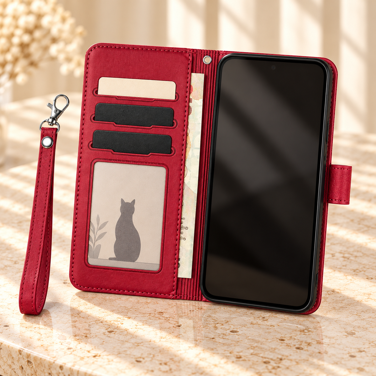 Ruby Red Cat Garden wallet phone case opened to show three card slots, a clear ID window, cash pocket and matching detachable wrist strap.