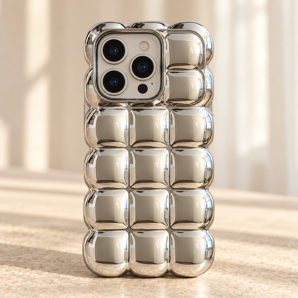 Silver Chrome Bubble Bear iPhone case — camera close view