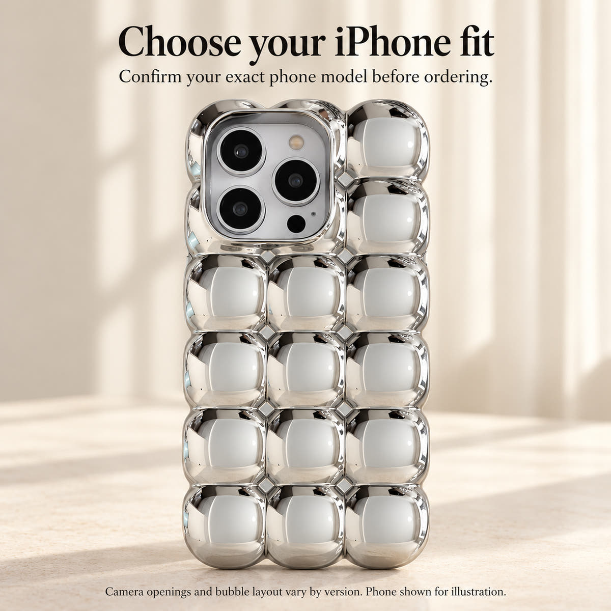 Chrome Bubble Bear iPhone case fit guide