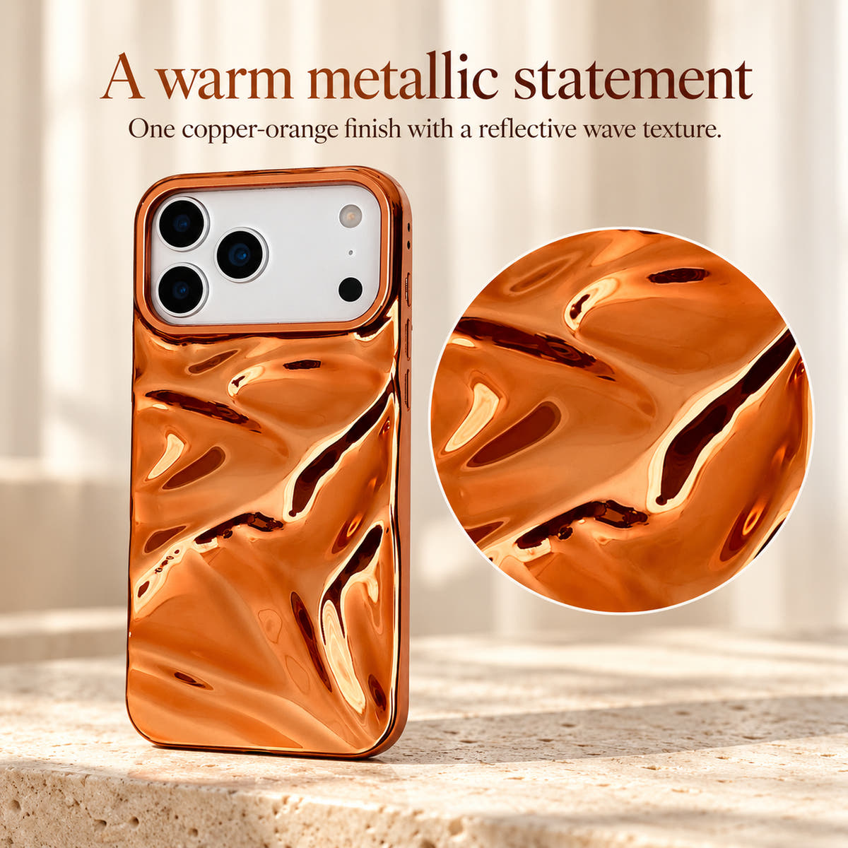 Copper-orange finish guide for the Chrome Wave iPhone case