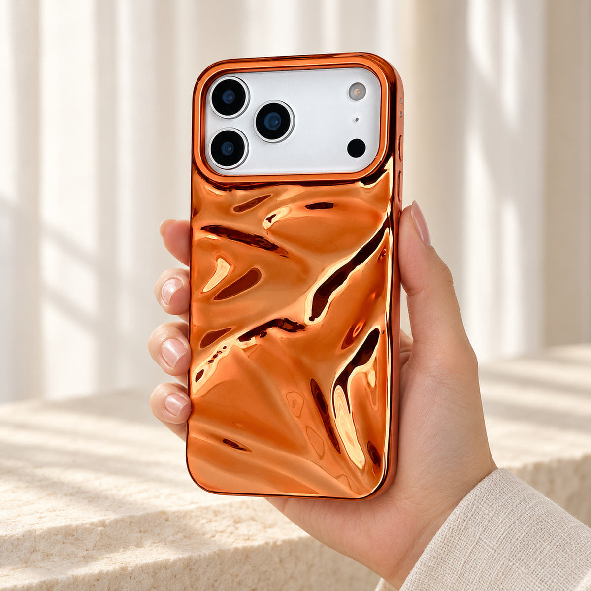Copper-orange Chrome Wave iPhone case — handheld window view