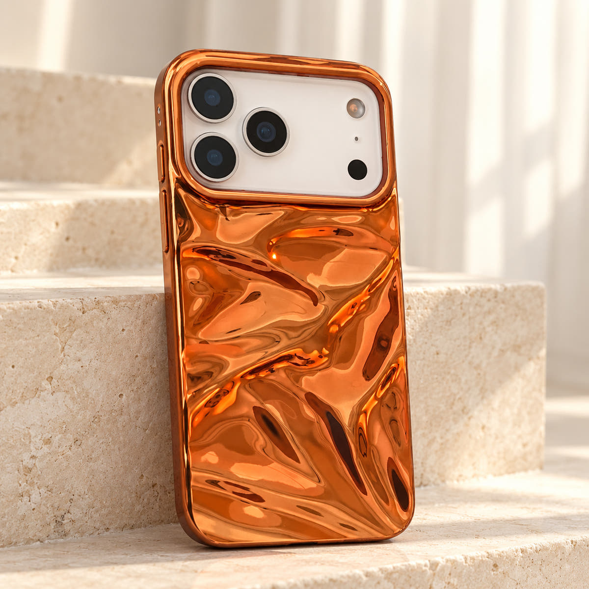 Copper-orange Chrome Wave iPhone case — studio final view