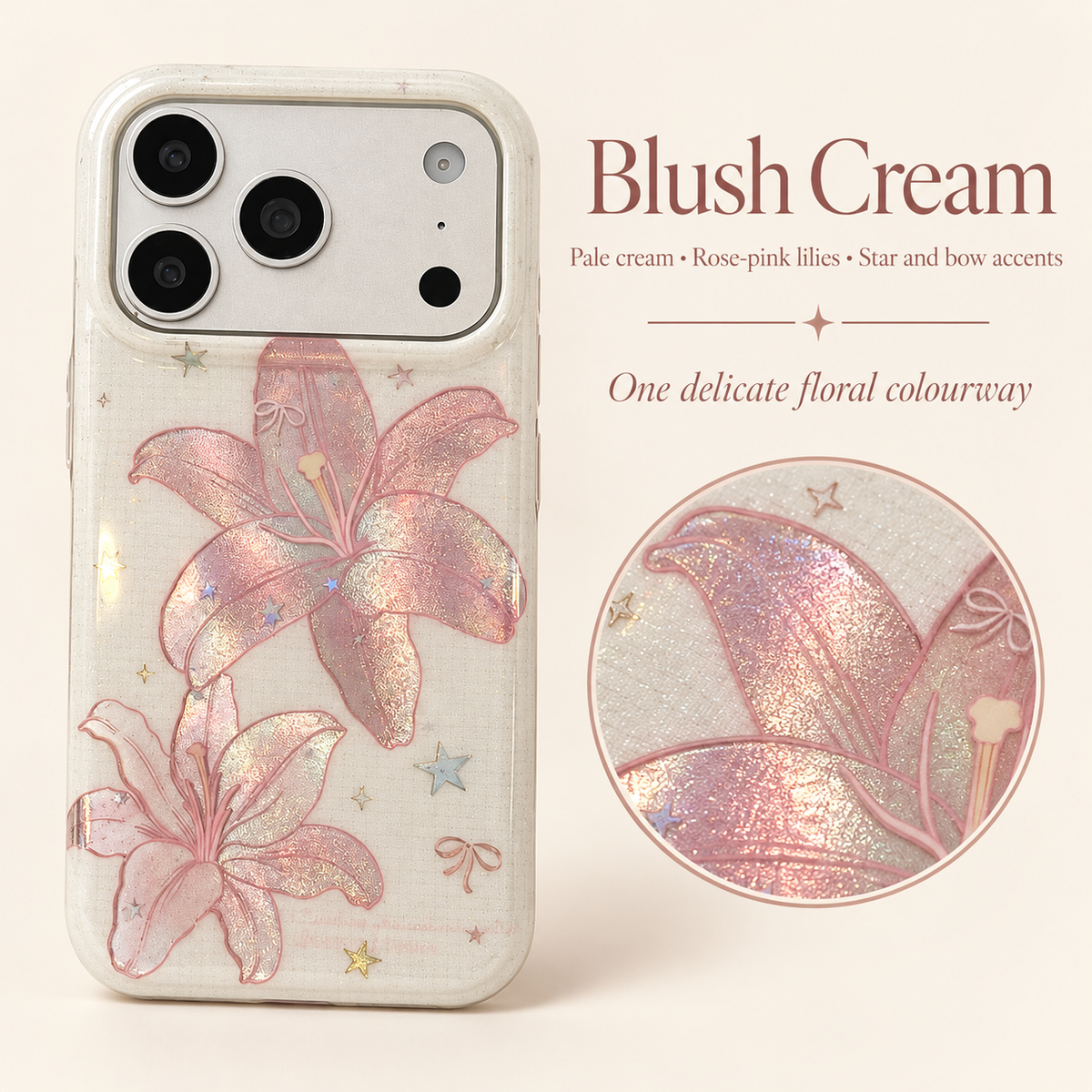 Blush Cream colour guide showing pale cream, rose-pink lilies, stars and bow accents.