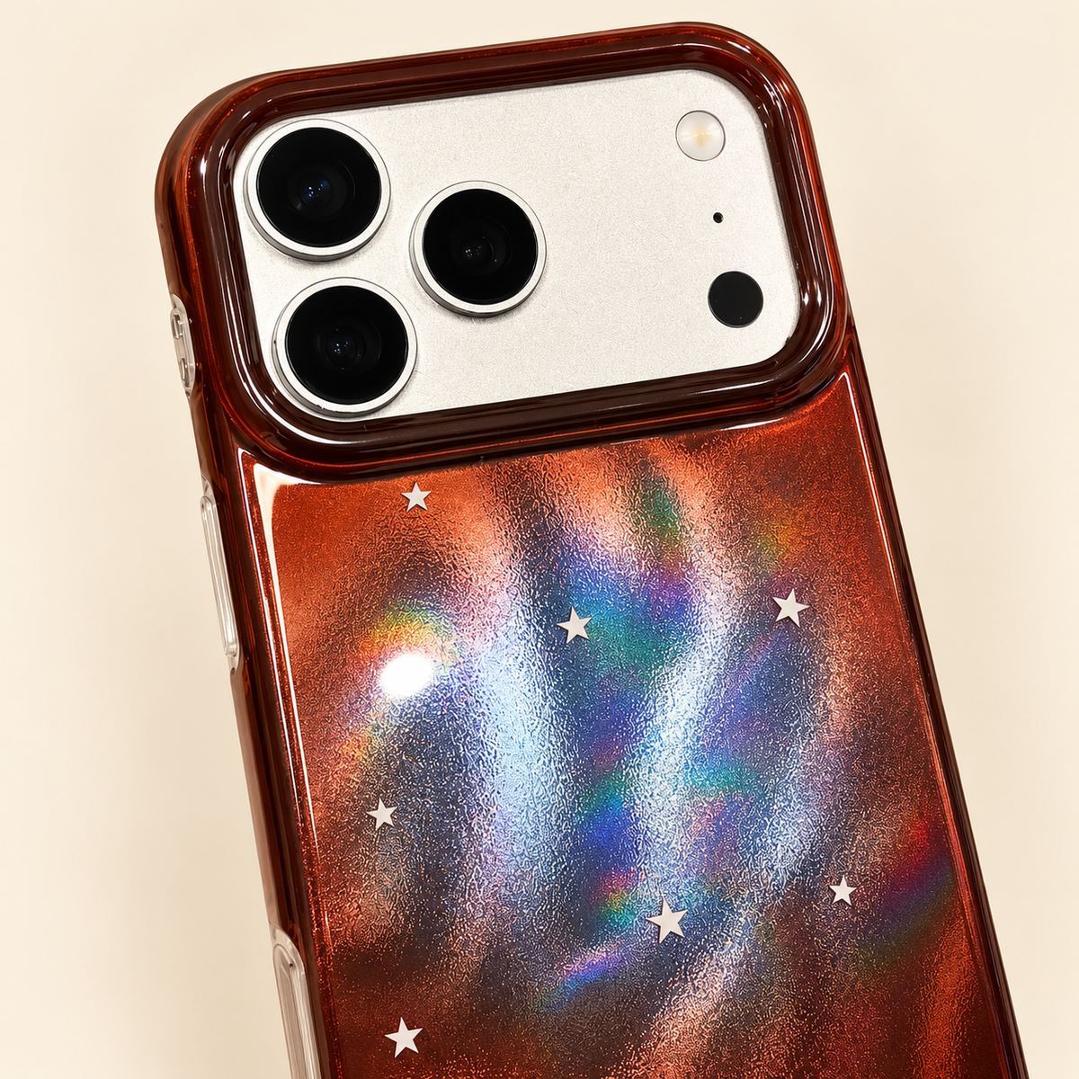 Close view of the copper-brown camera border and upper star details.