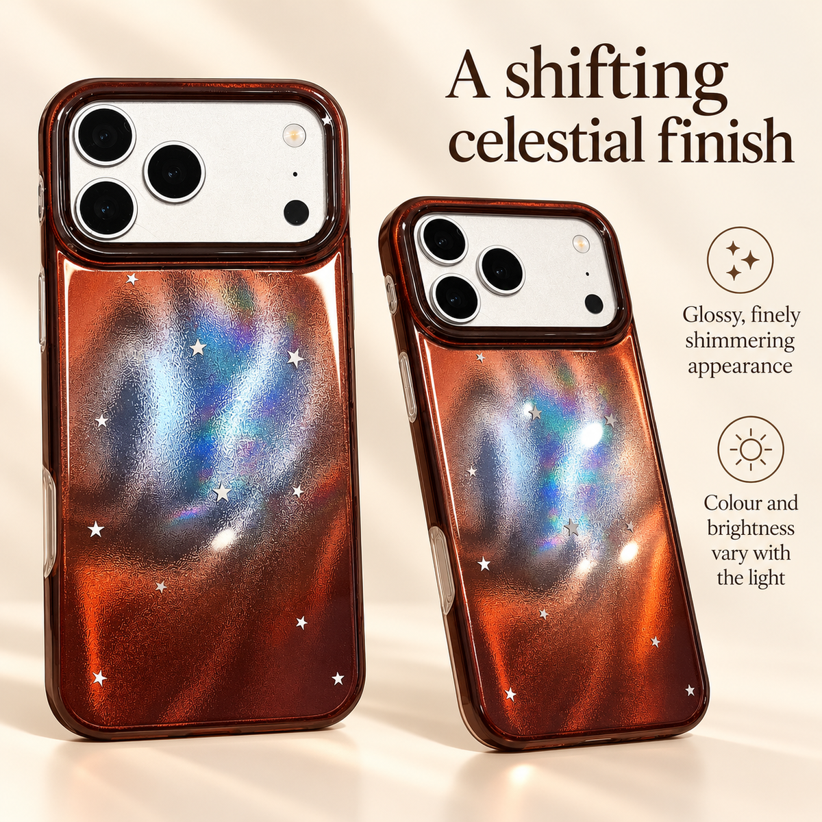Glossy Copper Nebula finish shown at two angles with changing blue-silver highlights.