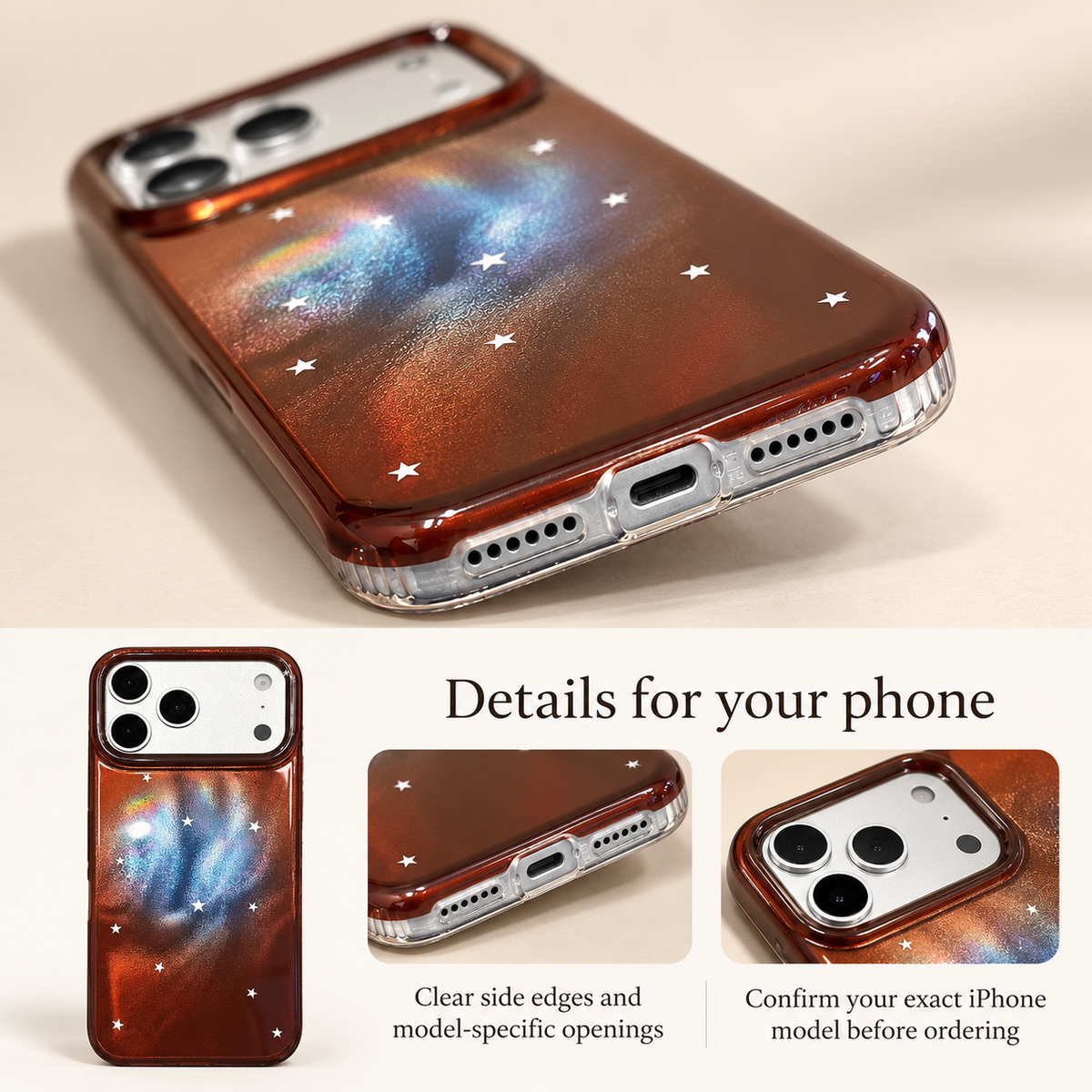 Clear bottom edge and model-specific port openings on the Copper Nebula Star case.
