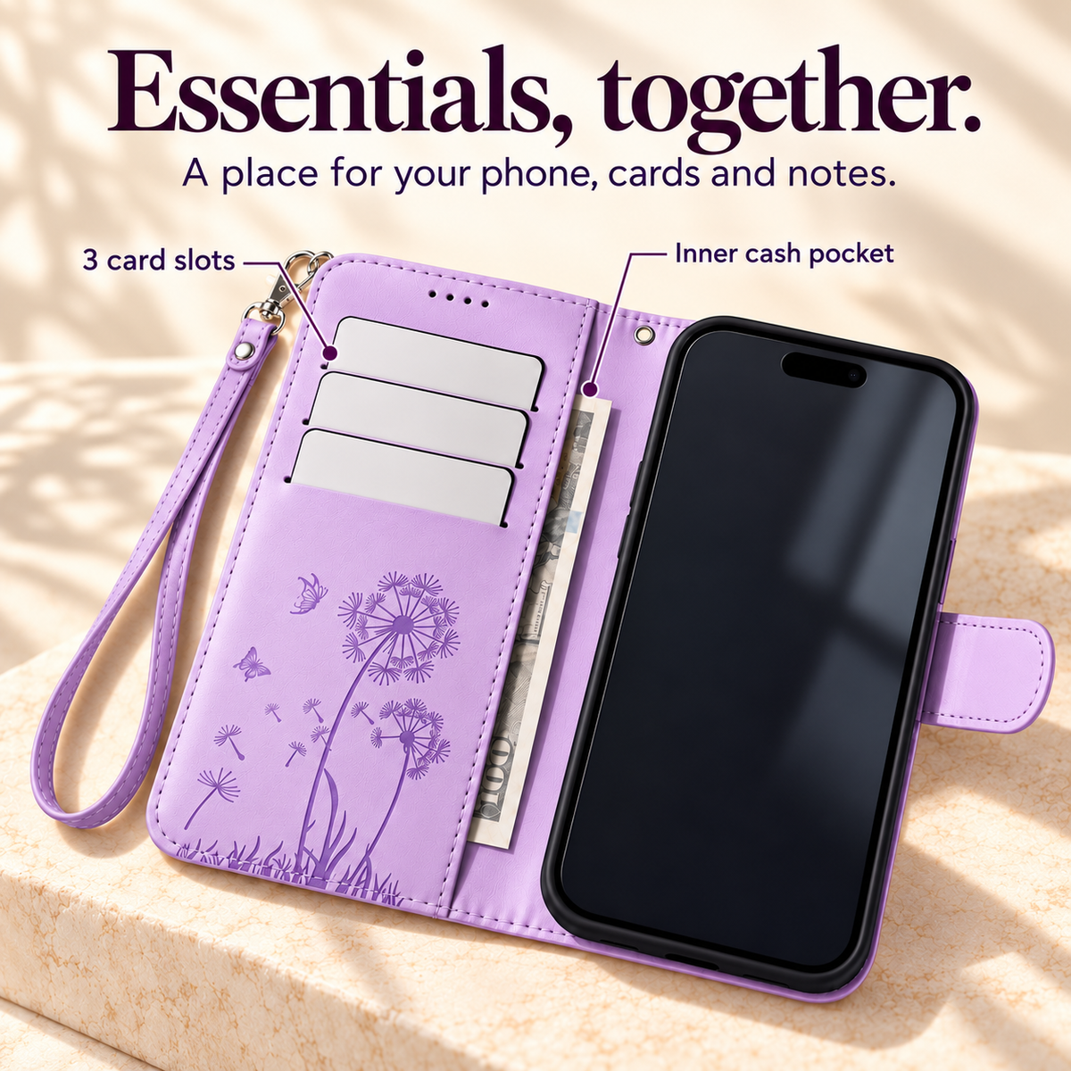 Dandelion and Butterfly wallet case storage guide showing three card slots and an inner cash pocket.
