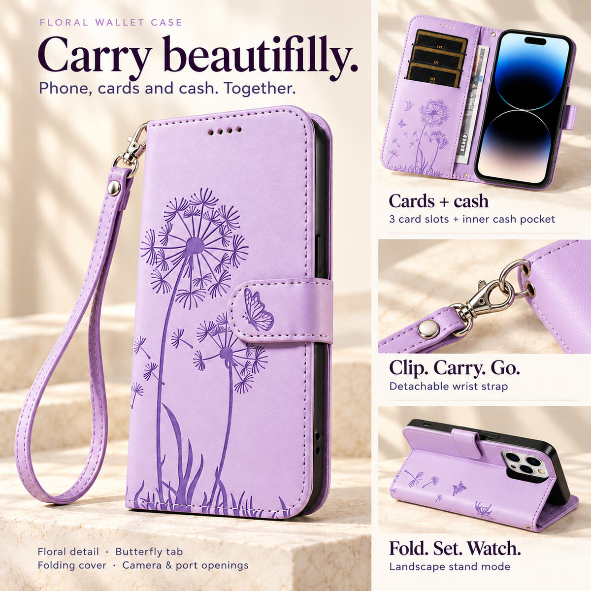 Dandelion wallet case features: three card slots, inner cash pocket, detachable wrist strap and landscape stand.