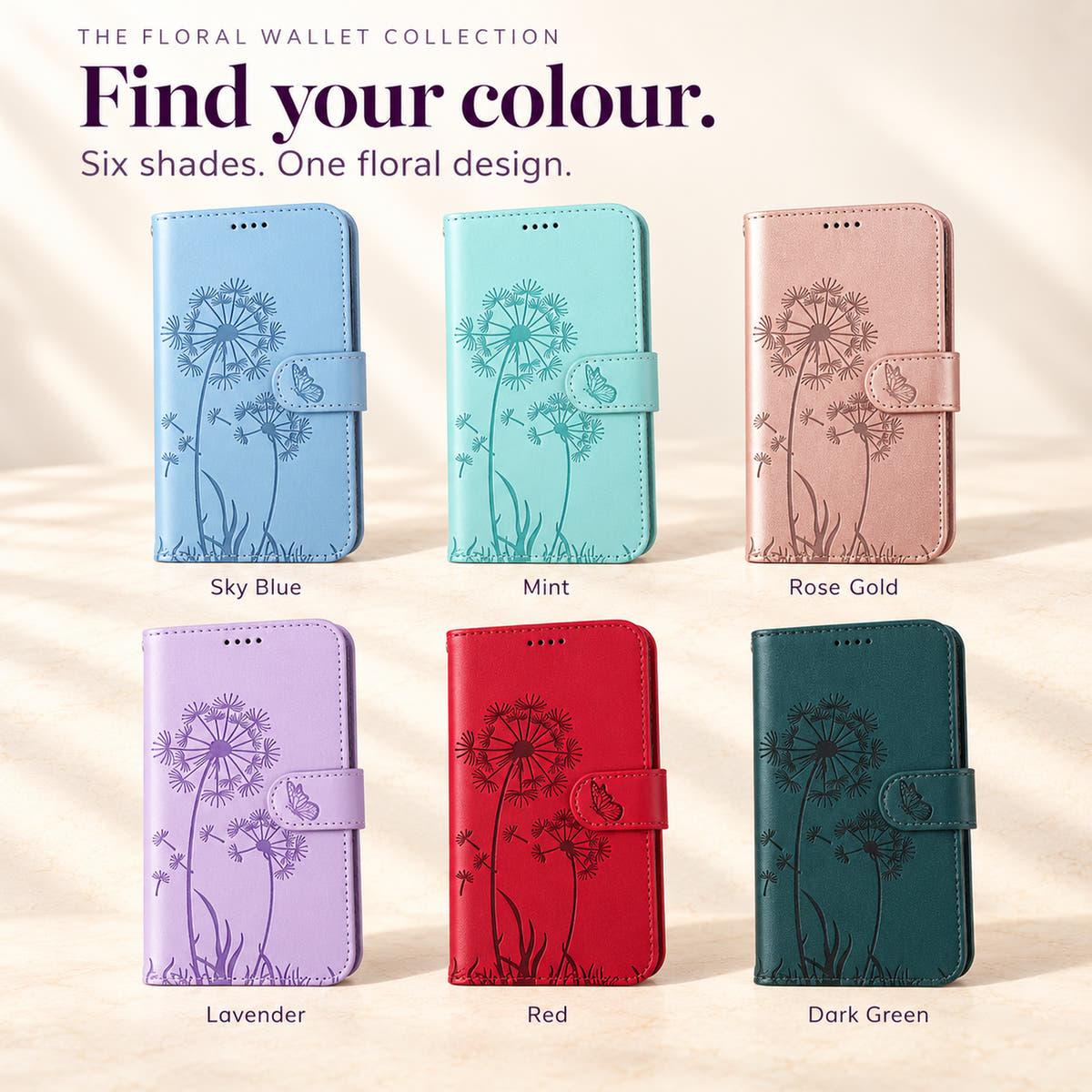 Dandelion wallet cases in Sky Blue, Mint, Rose Gold, Lavender, Red and Dark Green.