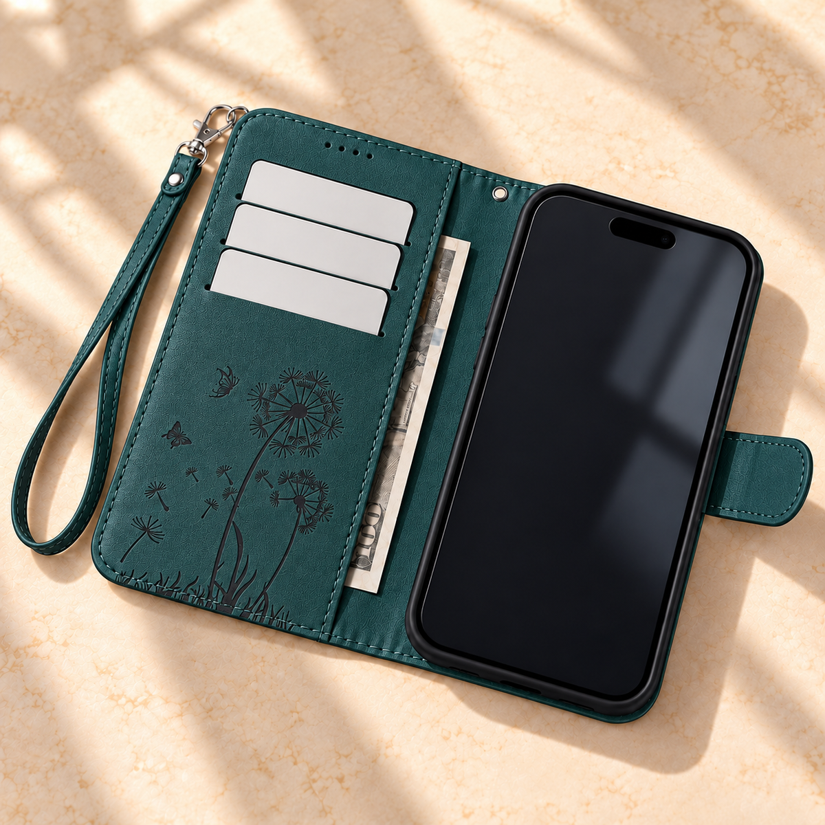 Dark Green Dandelion and Butterfly wallet phone case open, showing three card slots and an inner cash pocket.