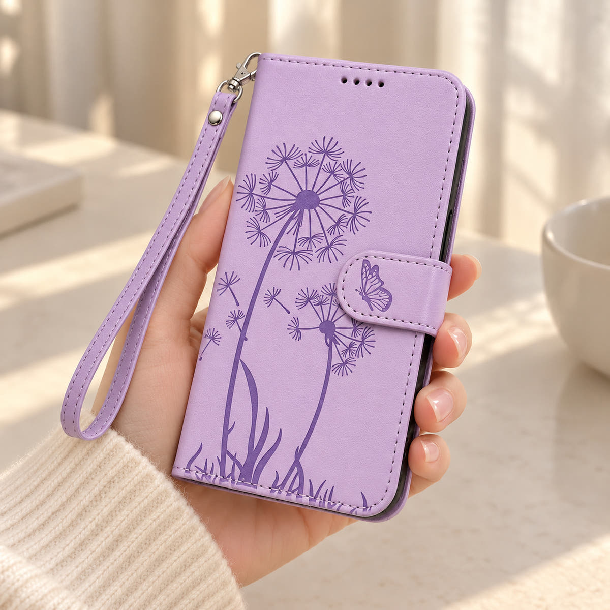 Lavender dandelion and butterfly wallet phone case held in one hand, with matching wrist strap.