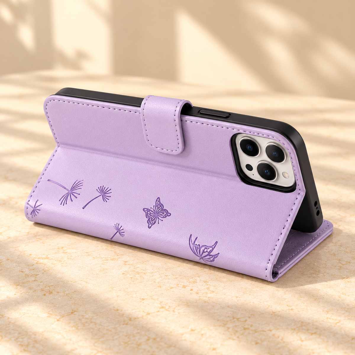 Lavender Dandelion and Butterfly wallet phone case folded into a landscape viewing stand.