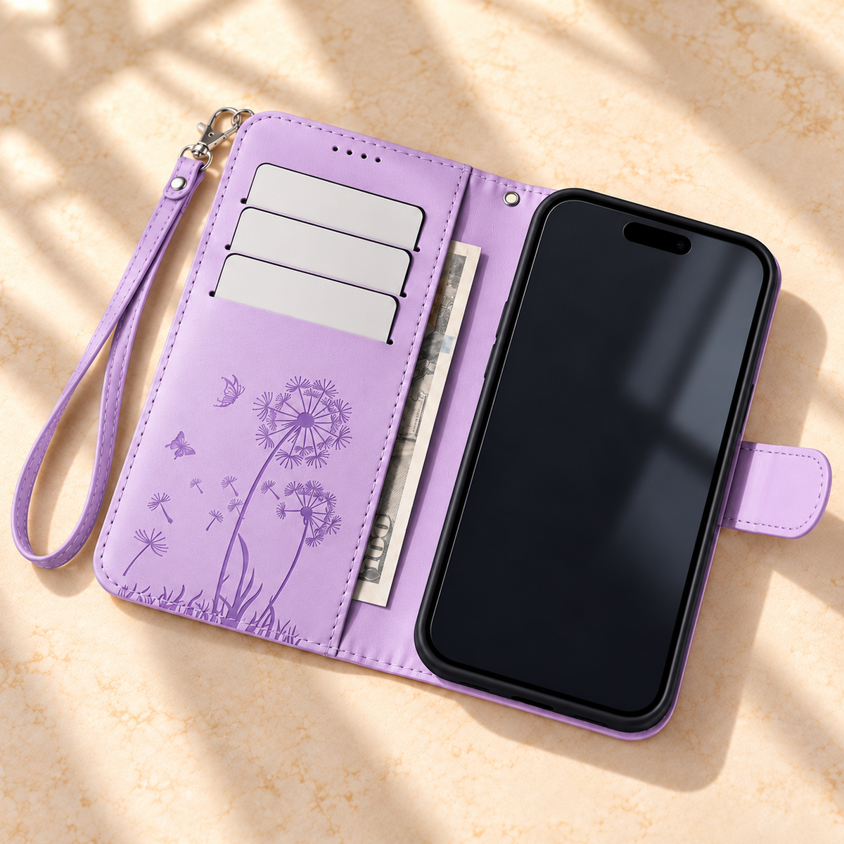 Lavender Dandelion and Butterfly wallet phone case open, showing three card slots and an inner cash pocket.