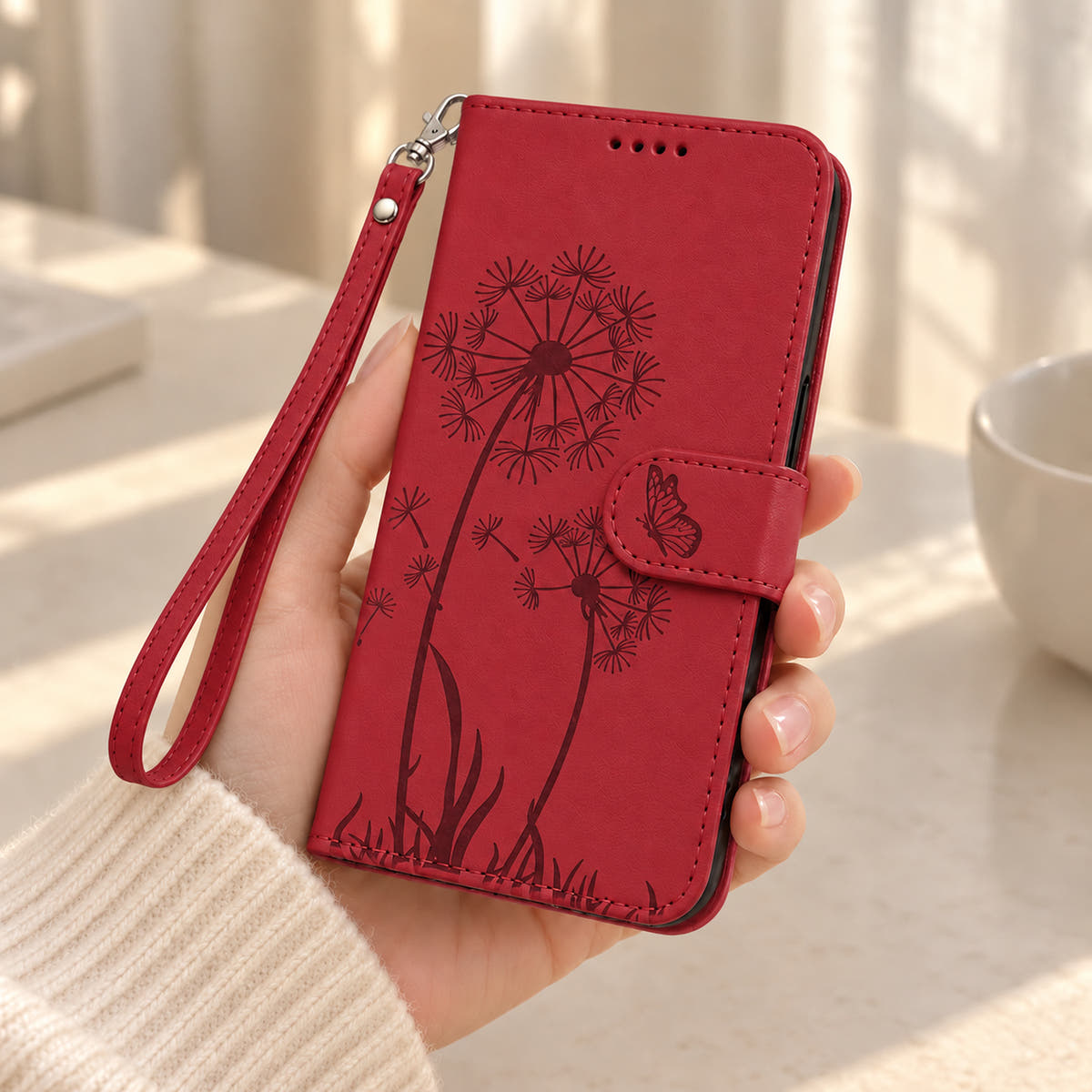 Red dandelion and butterfly wallet phone case held in one hand with a matching wrist strap.