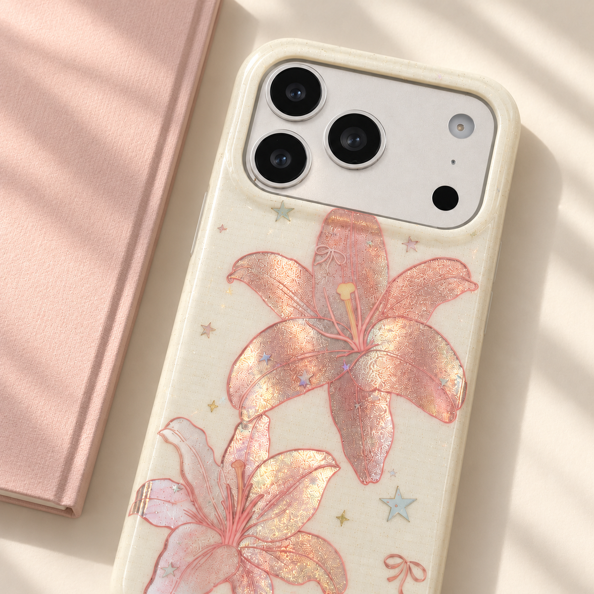 Blush Lily and Star rear detail beside a plain blush notebook