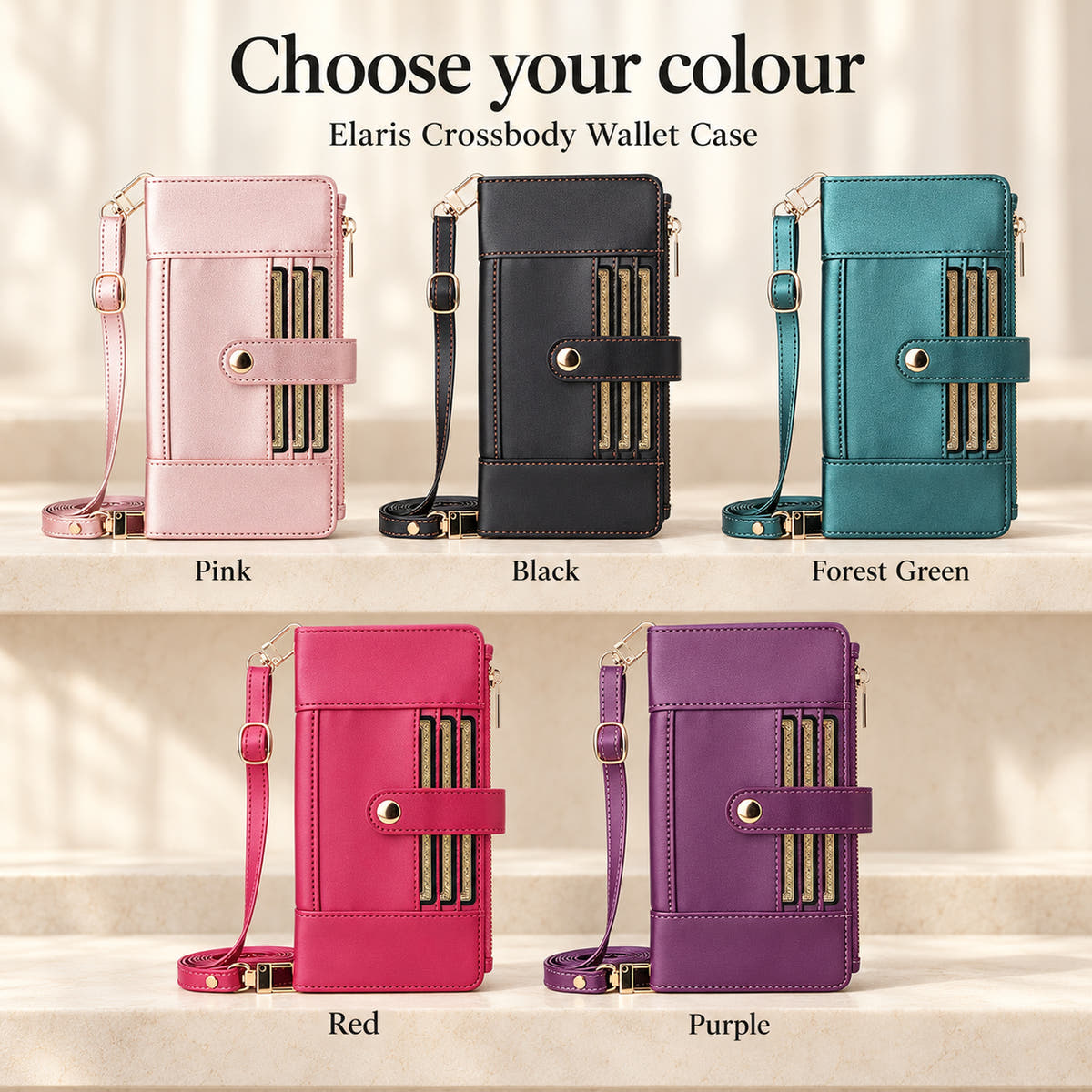 Elaris Crossbody wallet case colour guide: Pink, Black, Forest Green, Red and Purple.