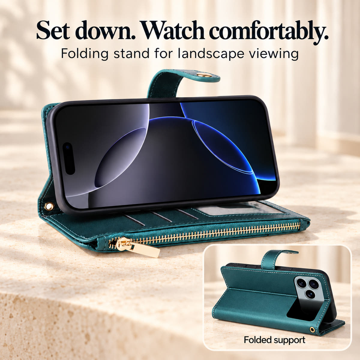 Elaris Forest Green folio wallet case folded as a landscape phone stand, with front and rear support views.