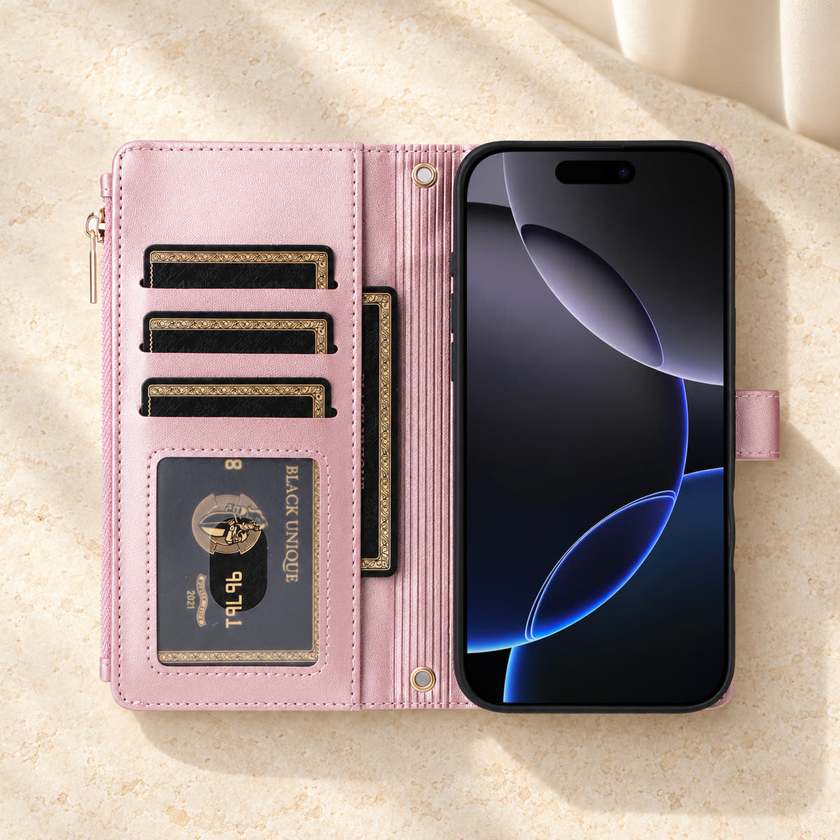 Elaris Crossbody iPhone wallet case in Pink, open interior with card slots, ID window and slip pocket.