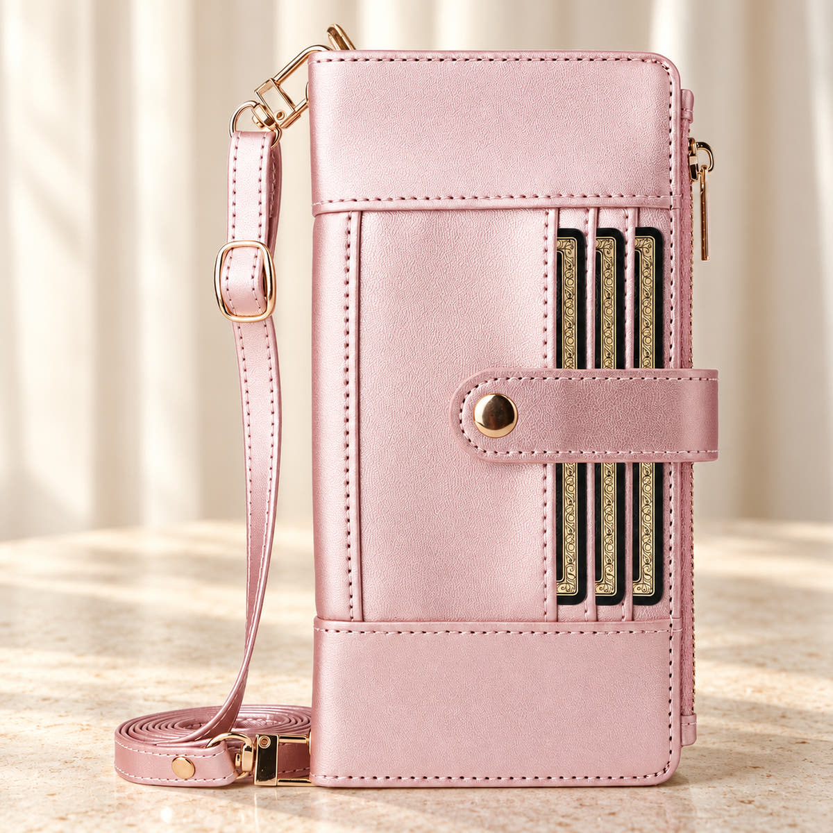 Elaris Crossbody iPhone wallet case in Pink, closed front view with adjustable strap.