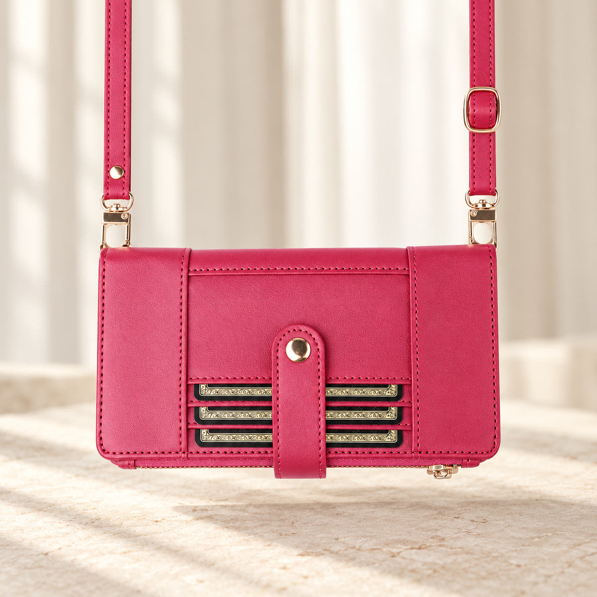 Elaris Crossbody iPhone wallet case in Red, landscape view with adjustable crossbody strap.