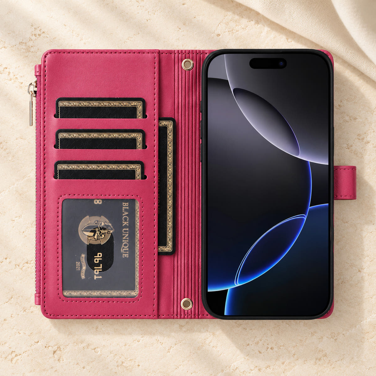 Elaris Crossbody iPhone wallet case in Red, open interior with card slots, ID window and slip pocket.