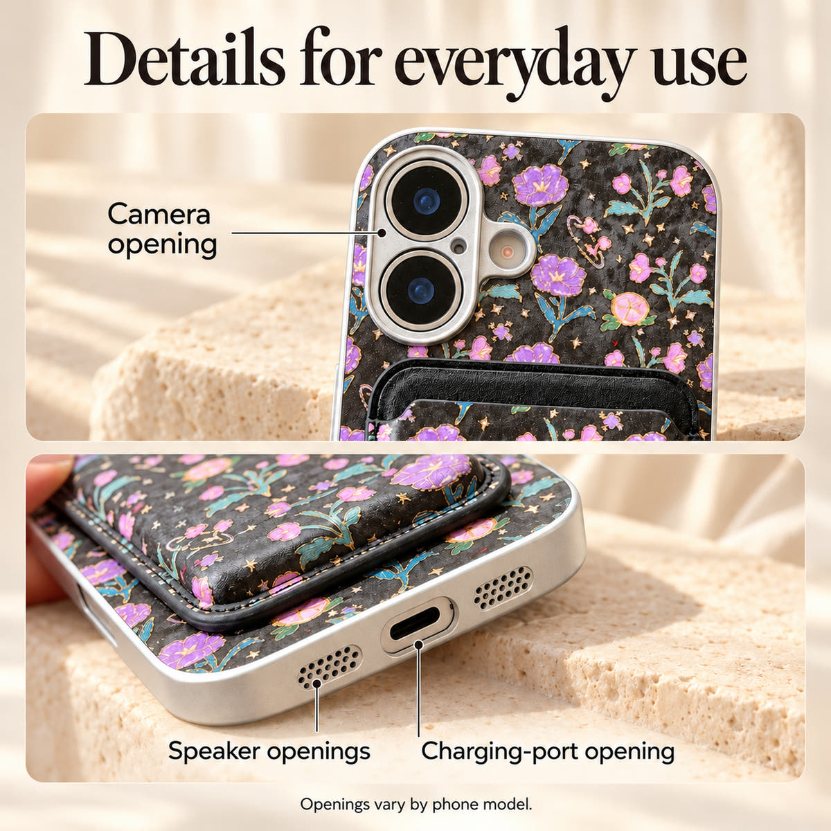 Elysia Floral feature panel showing the original two-lens camera opening and charging-port and speaker openings on the Black case.