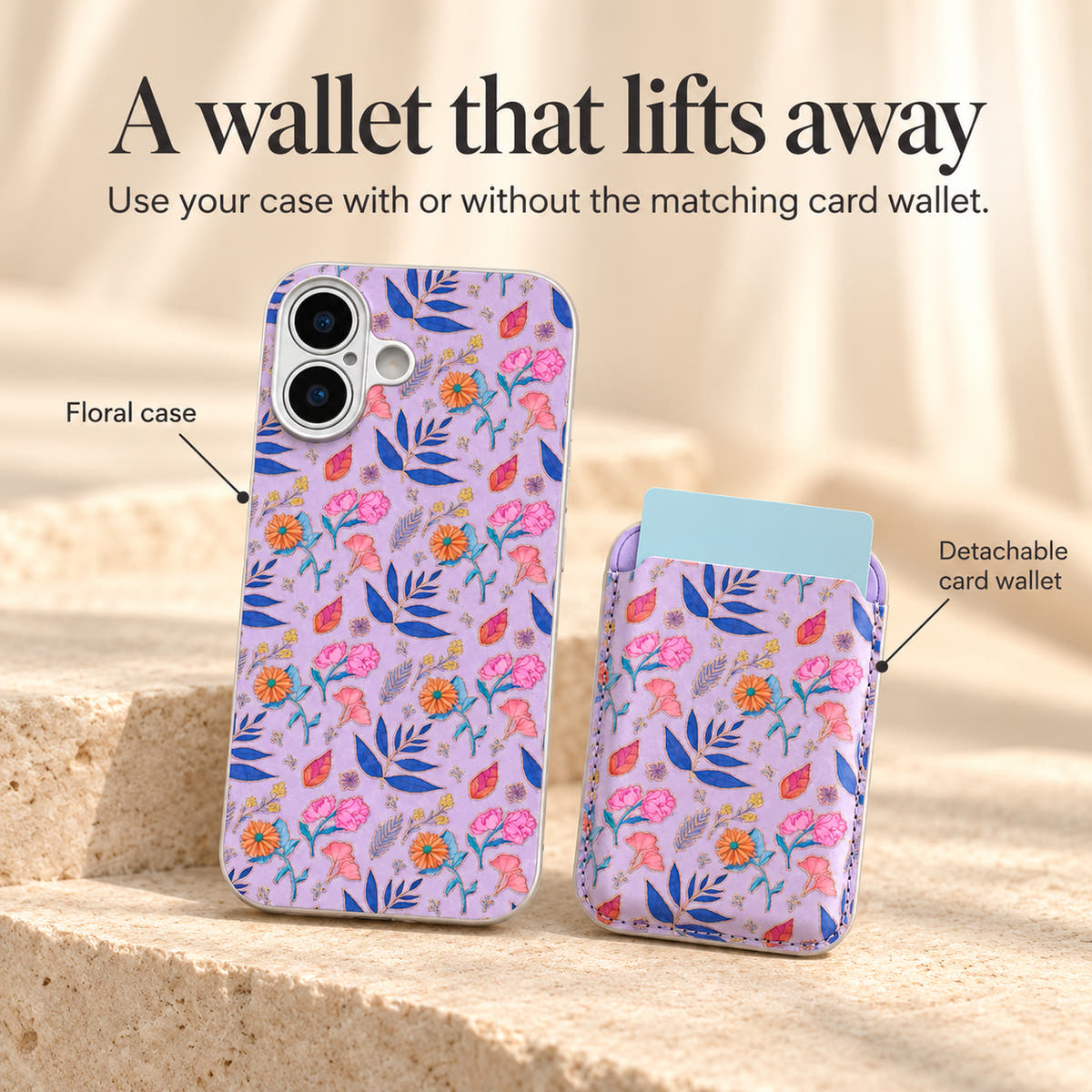 Elysia Floral feature image showing the matching Lavender card wallet detached from the fully printed phone case.