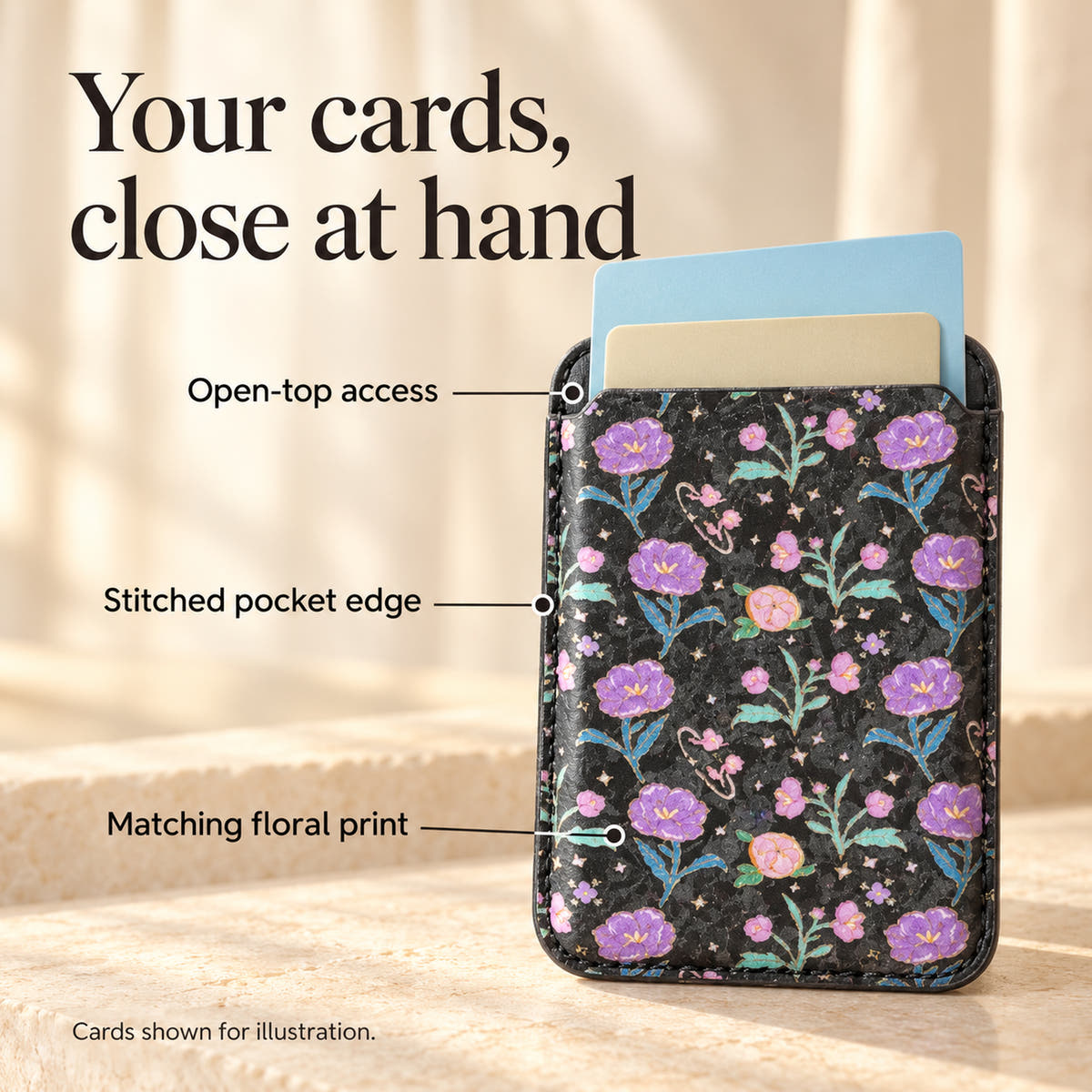 Elysia Floral card-pocket detail with two illustrative cards, a top opening and stitched edges on the Black floral wallet.