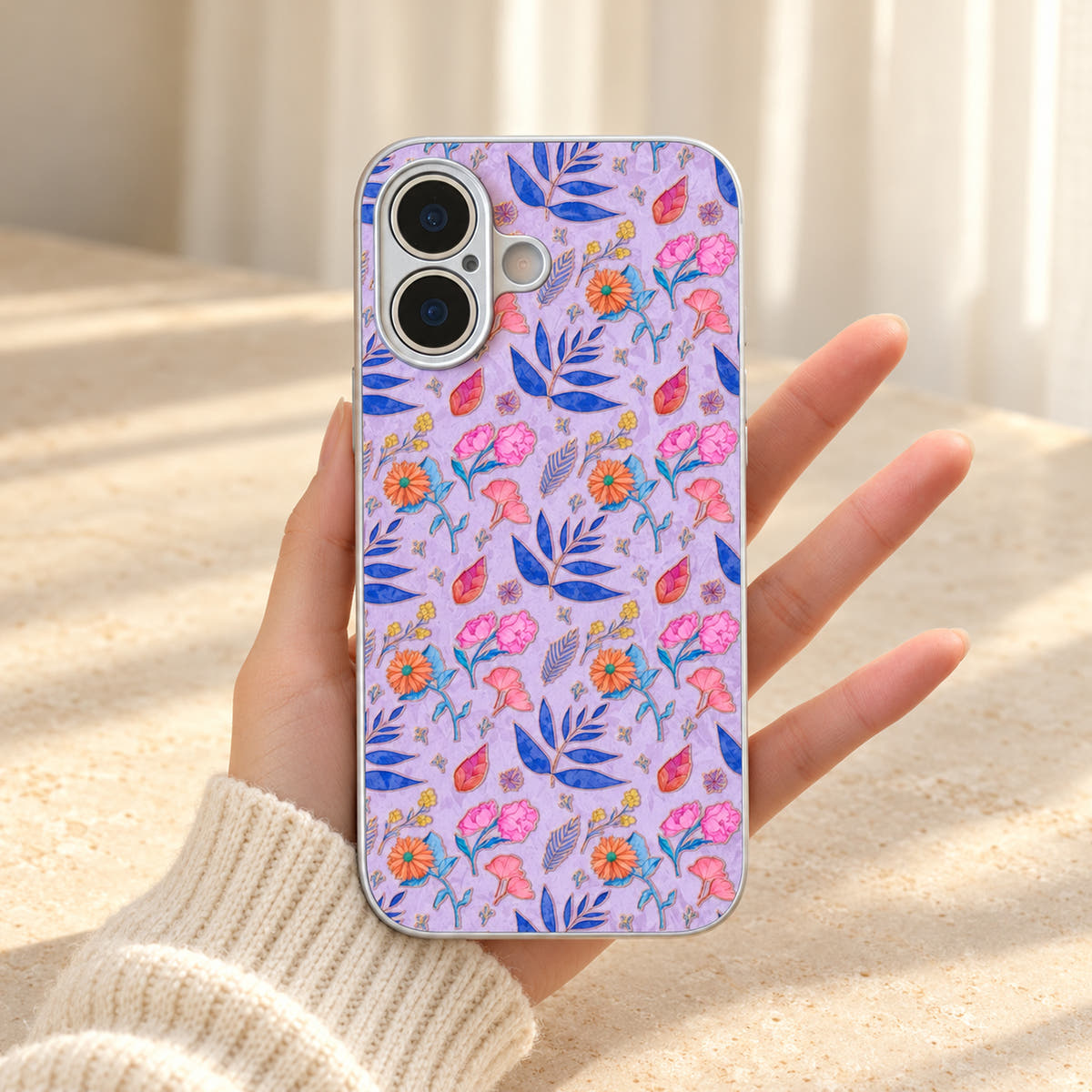 Lavender Elysia Floral case held with the wallet removed, revealing the complete floral print across the back.