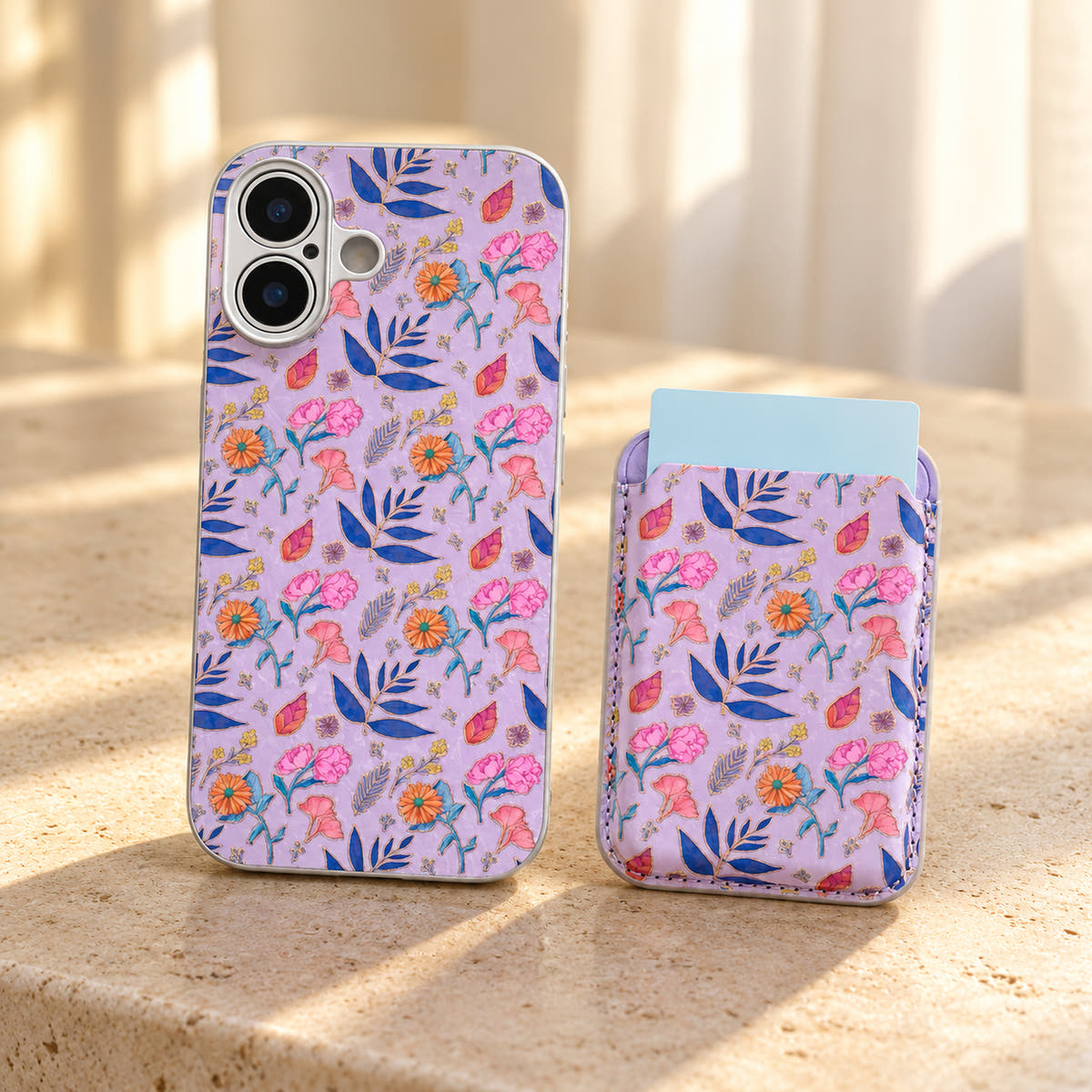 Lavender Elysia Floral case beside its detached matching card wallet, showing the floral design on both pieces.