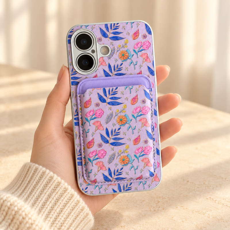 Lavender Elysia Floral iPhone case held in a cream-sleeved hand with its matching card wallet attached.