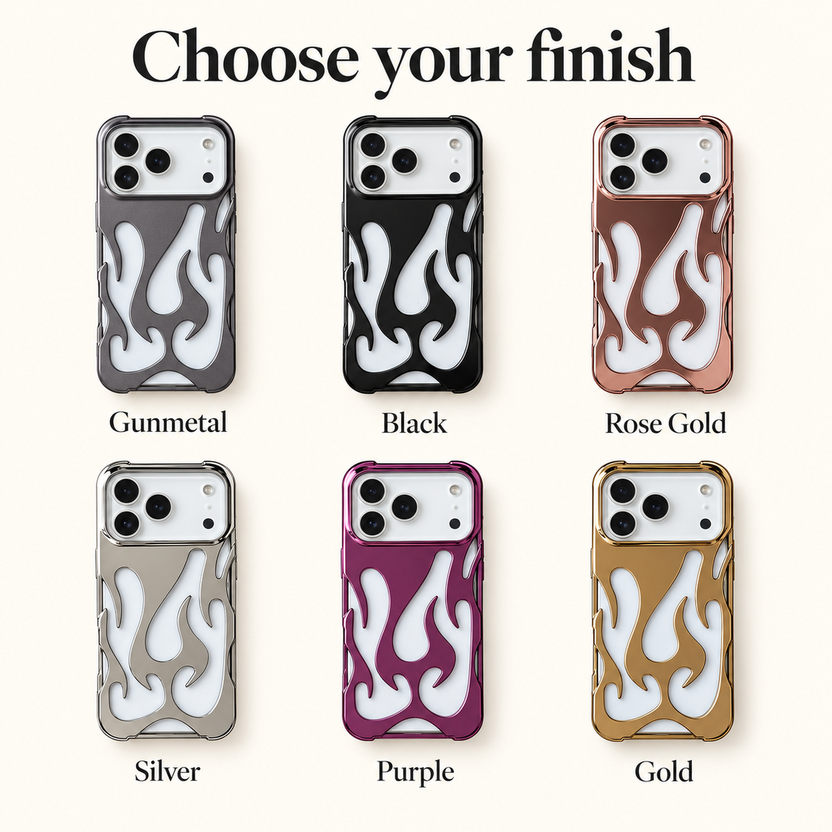 Flame Contrast iPhone Case in Metallic and Black Finishes — shared guide, six finish guide