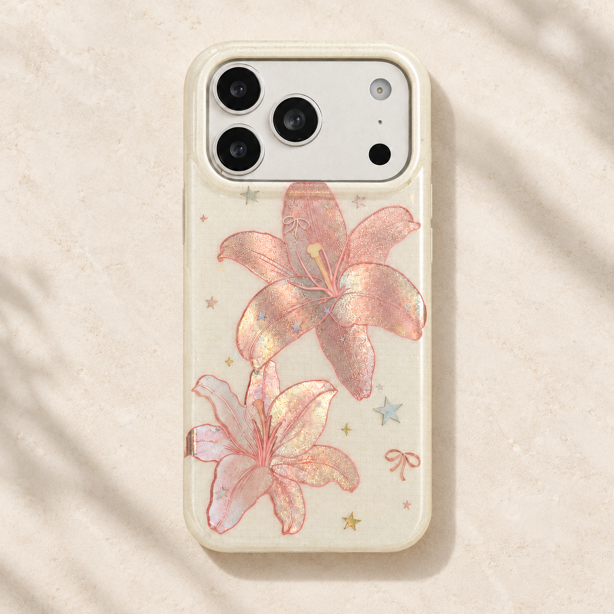 Blush Lily and Star iPhone Case photographed directly overhead on ivory stone
