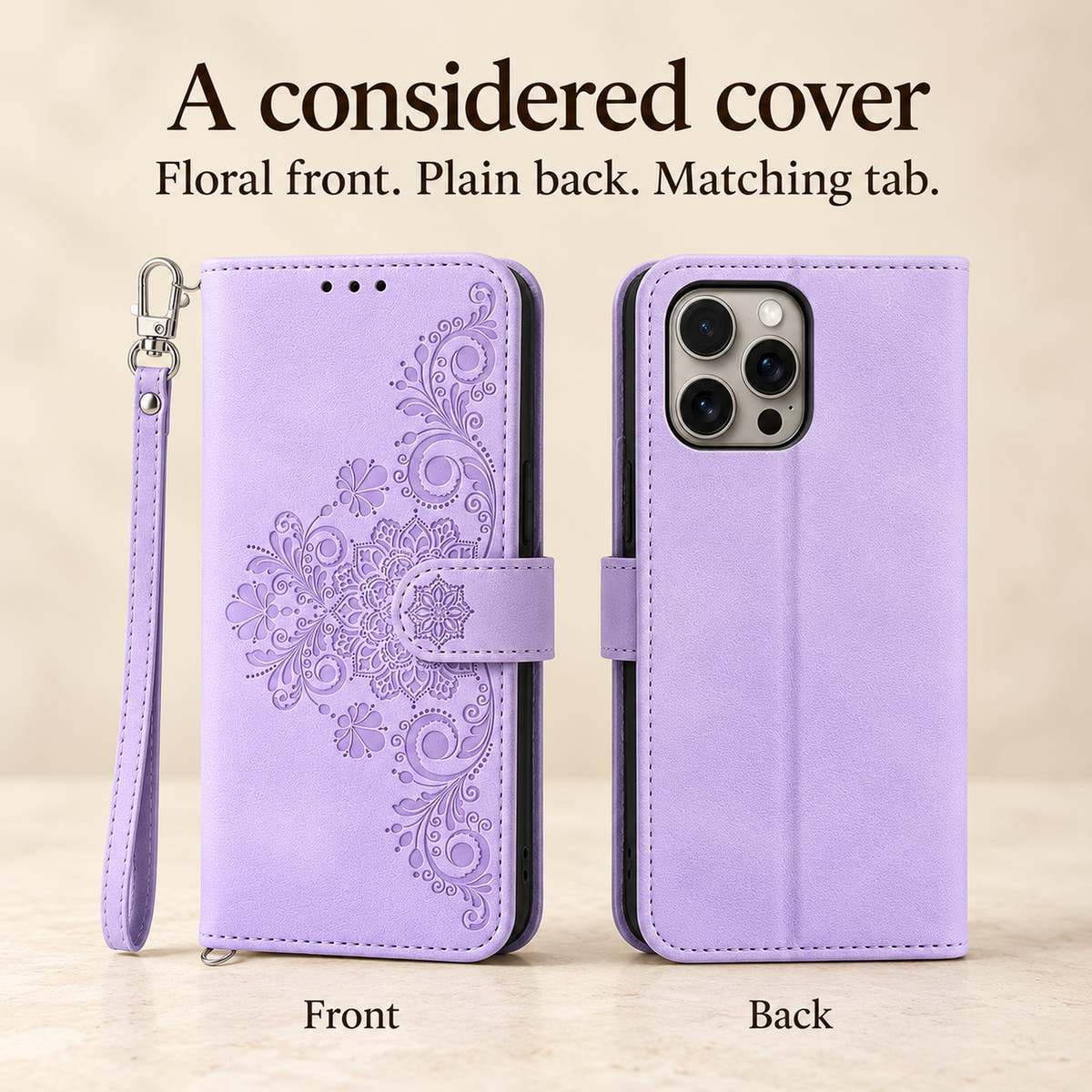 Lavender floral flip wallet case feature image showing the embossed front cover, patterned tab and plain rear camera opening