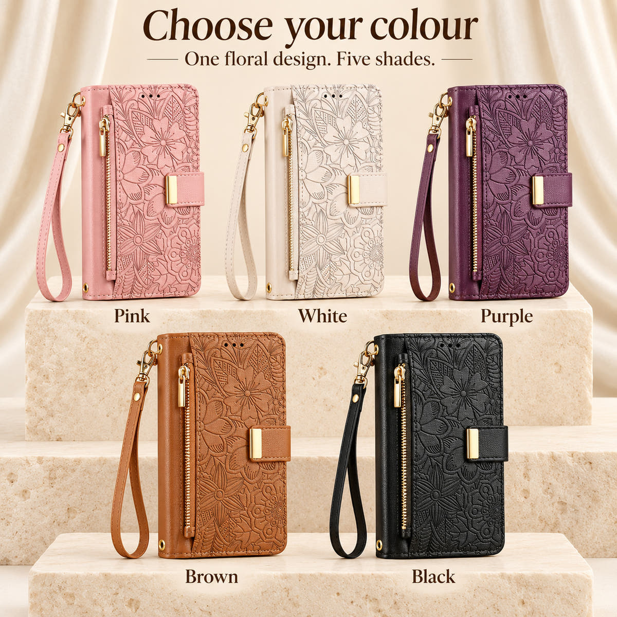 Floral iPhone wallet case colour guide showing Pink, White, Purple, Brown and Black embossed floral designs