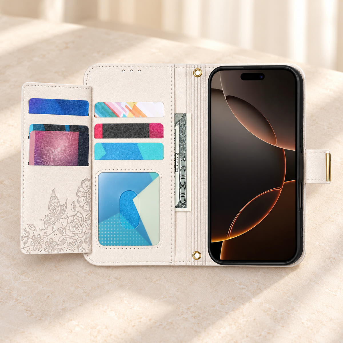 White floral iPhone wallet case opened to show the fold-out card flap, inner card slots, ID window, note compartment and fitted phone holder