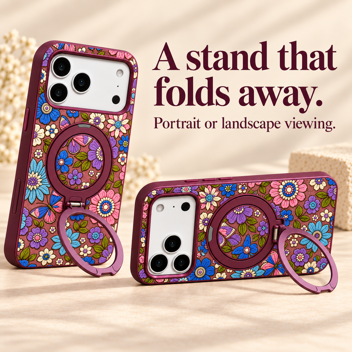 Information panel showing the Plum Floral folding ring stand in portrait and landscape positions