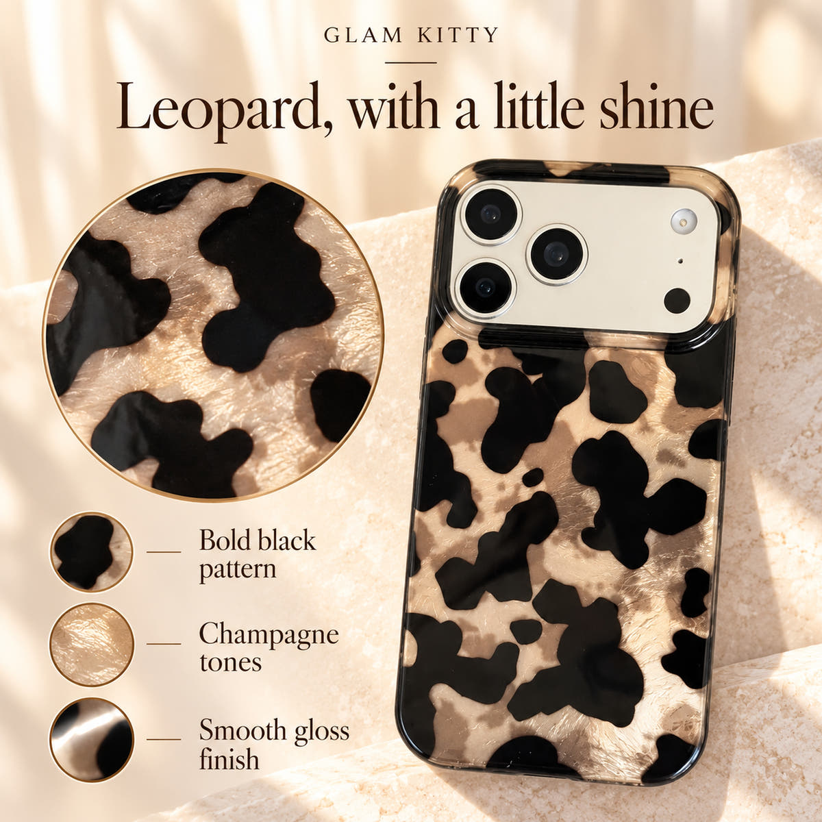 Glam Kitty feature image highlighting the black leopard pattern, champagne tones and smooth gloss finish.