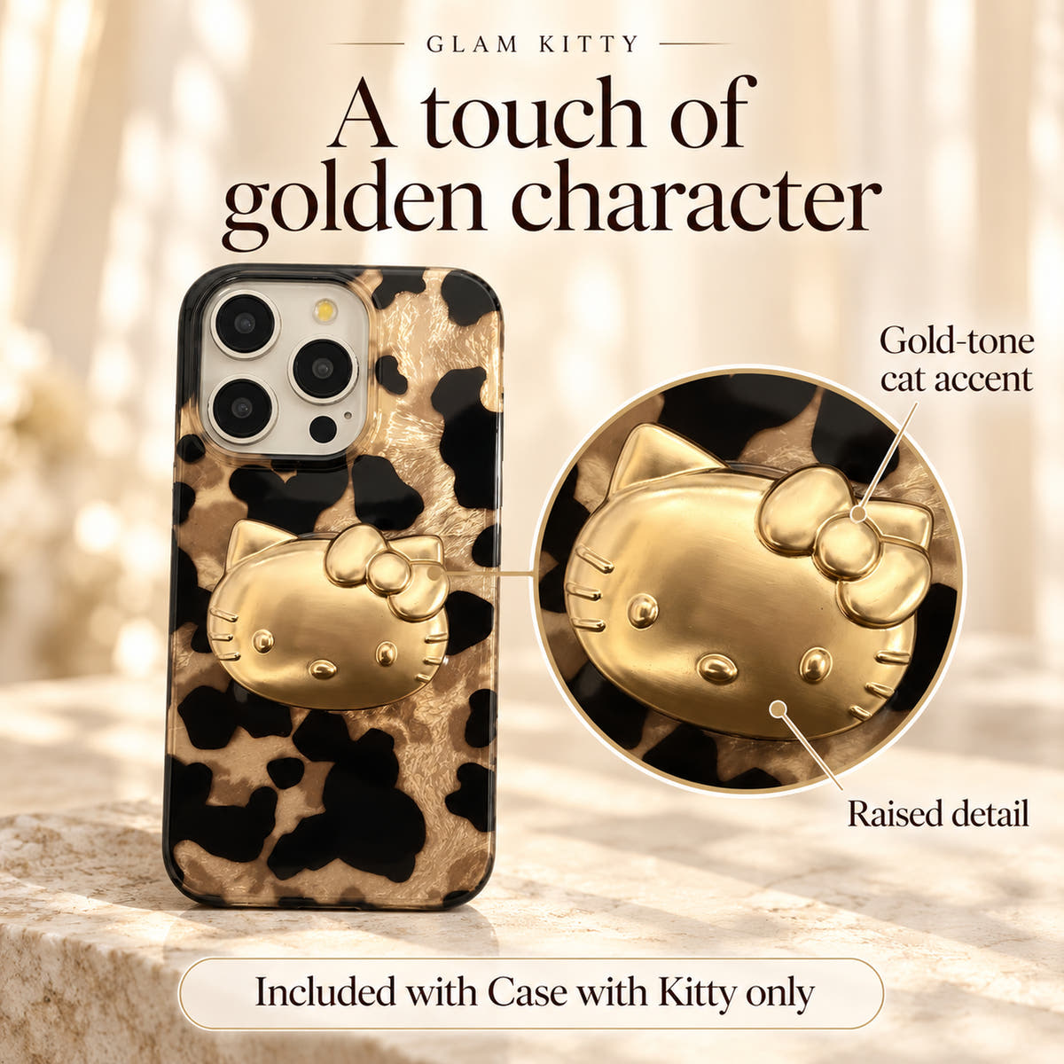 Glam Kitty feature image showing the raised gold-tone cat accent, included with Case with Kitty only.