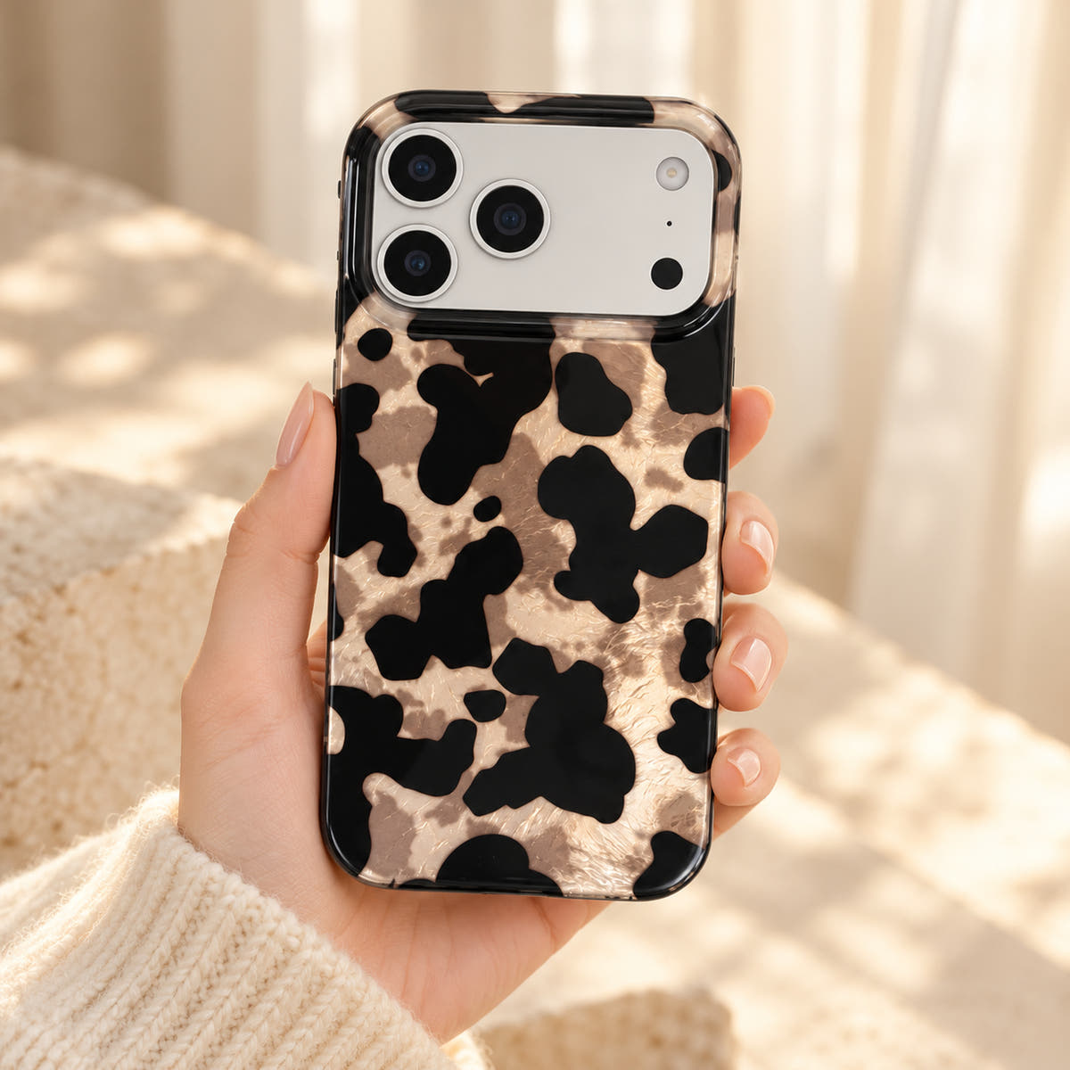 Glam Kitty case without kitty held in a cream-sleeved hand with the complete rear design visible.