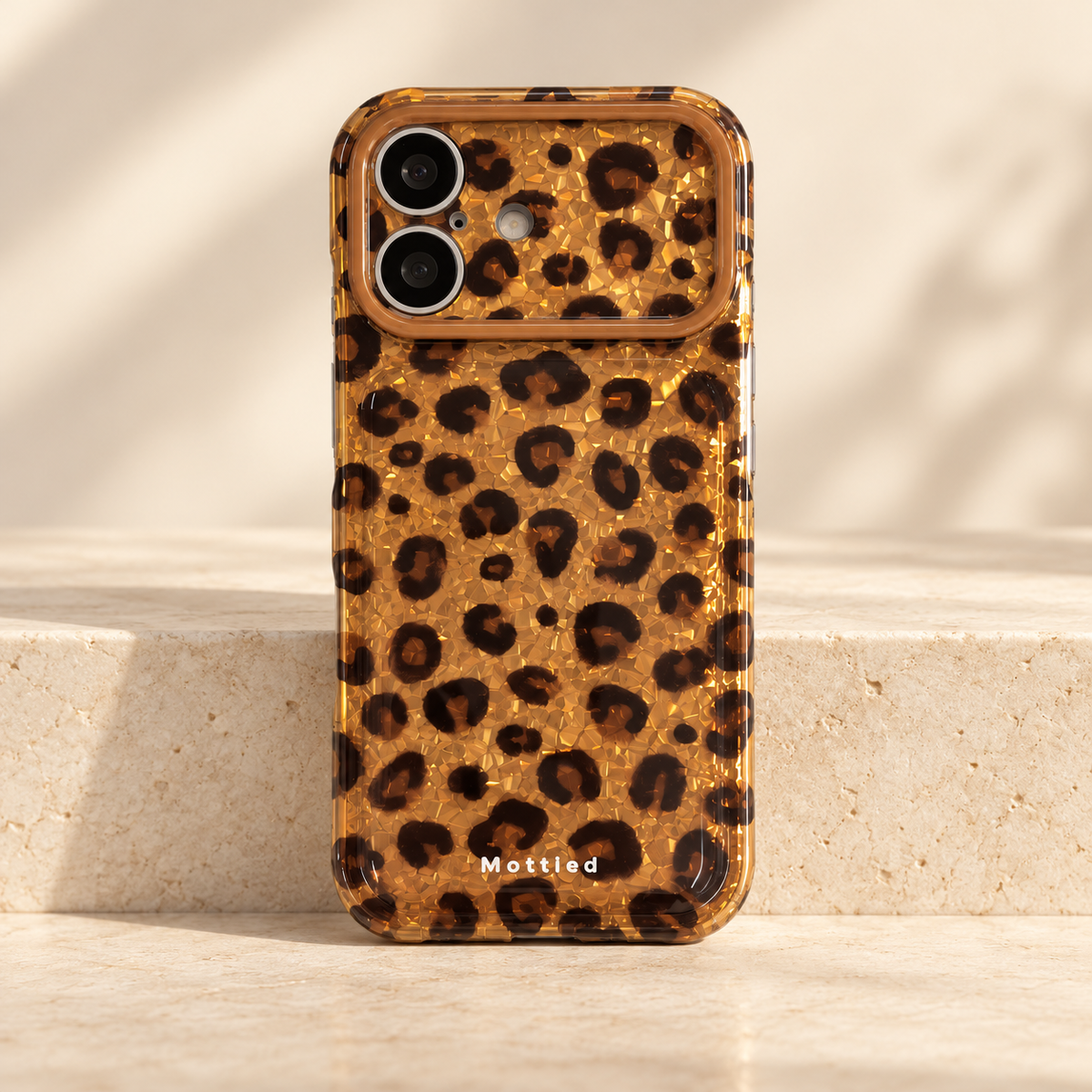 Glitter Leopard iPhone Case in Gold — full rear hero view