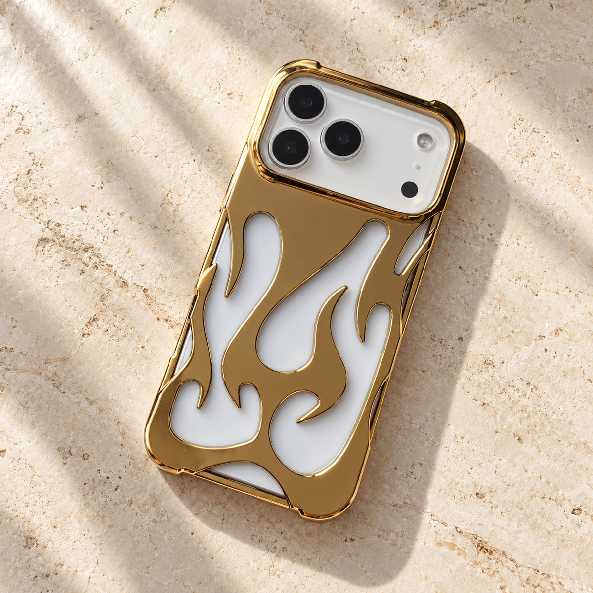 Flame Contrast iPhone Case in Metallic and Black Finishes — Gold, tabletop