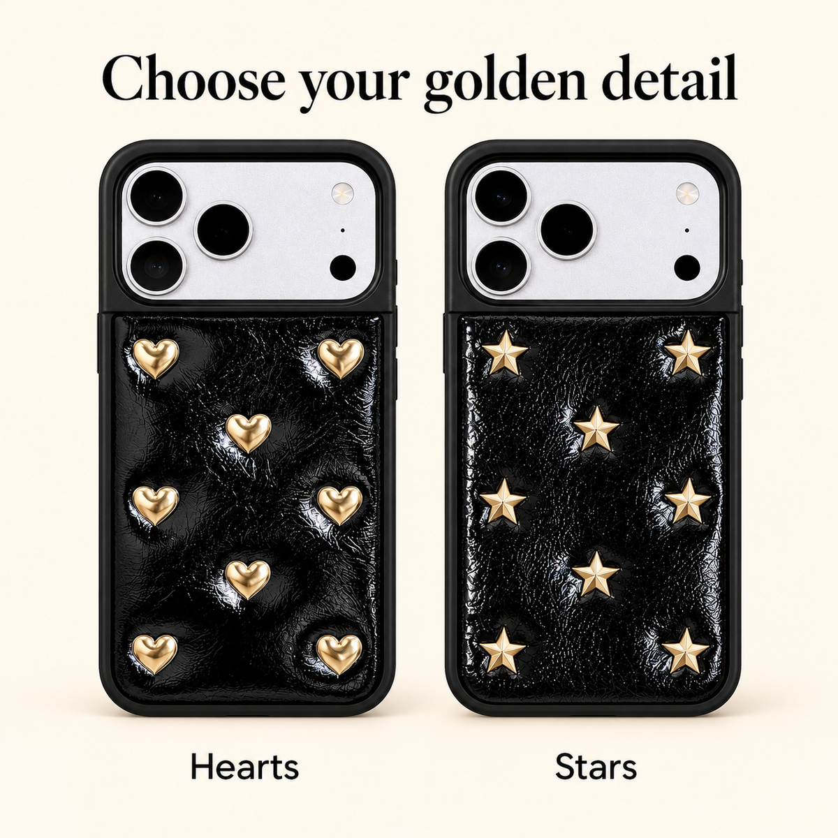 Hearts and Stars iPhone case styles: choose your golden detail.