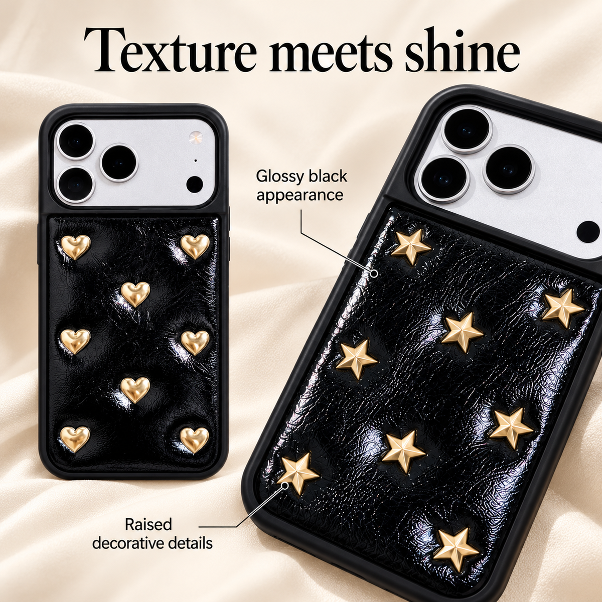 Hearts and Stars iPhone case styles: glossy textured black rear panel.