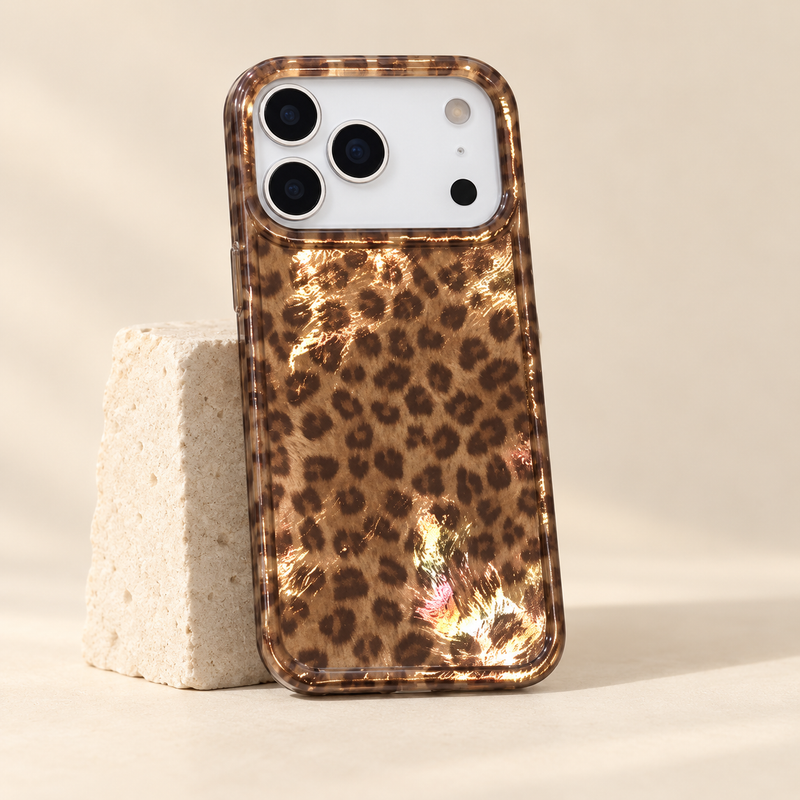 Golden Leopard Shimmer iPhone Case with brown leopard spots and a warm tan background.