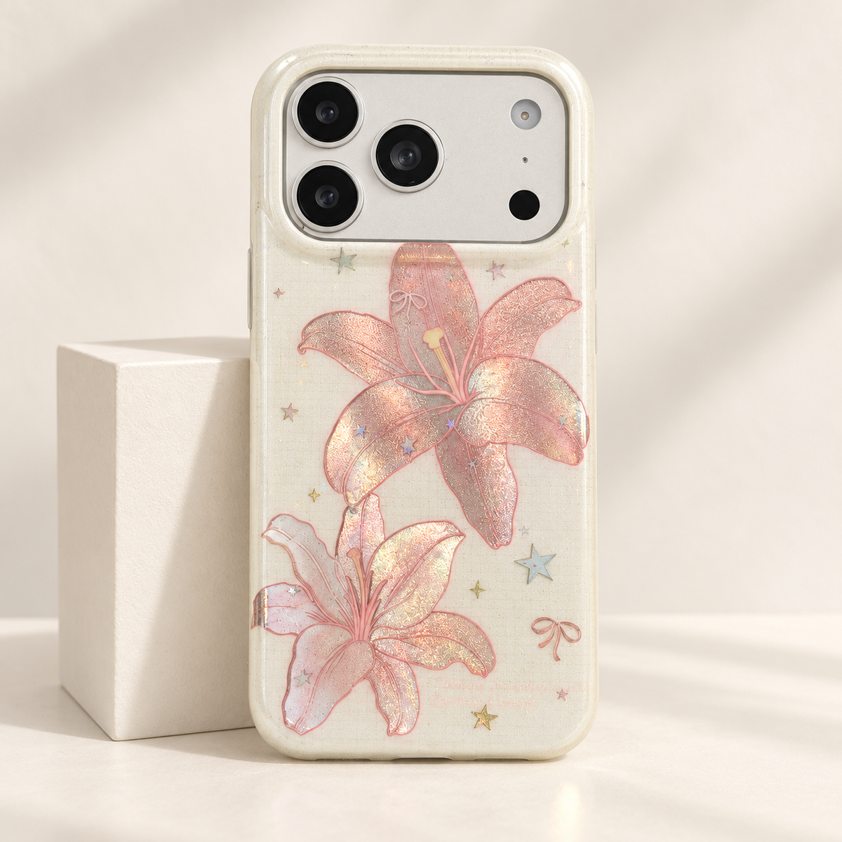 Blush Lily and Star iPhone Case with pink reflective lilies on a pale cream background.