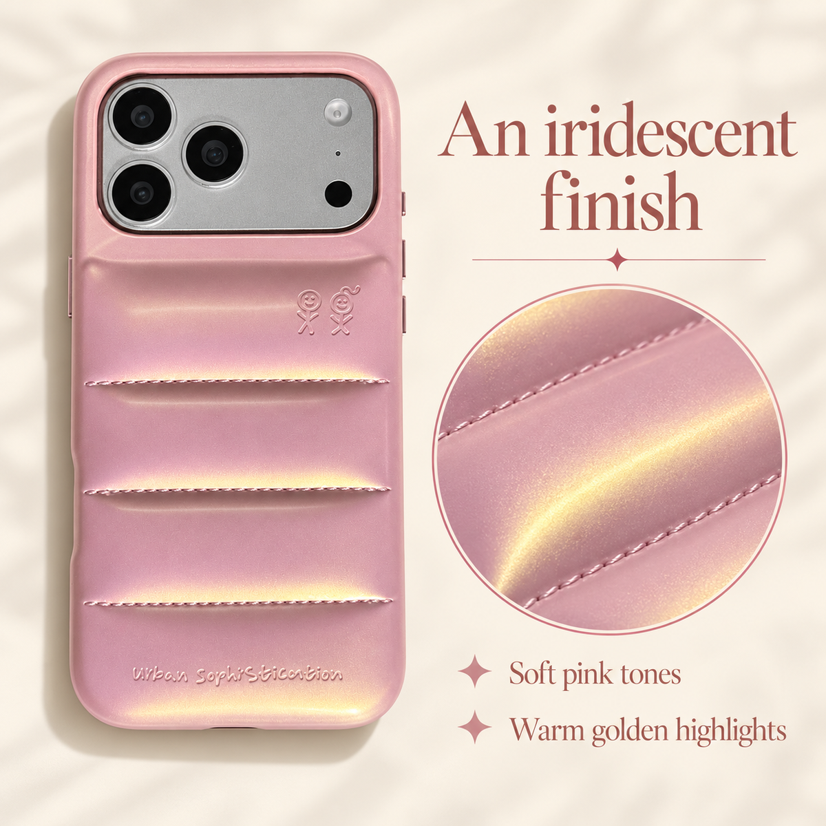 Full Iridescent Pink case beside a circular magnified view of the softly reflective pink and golden finish.