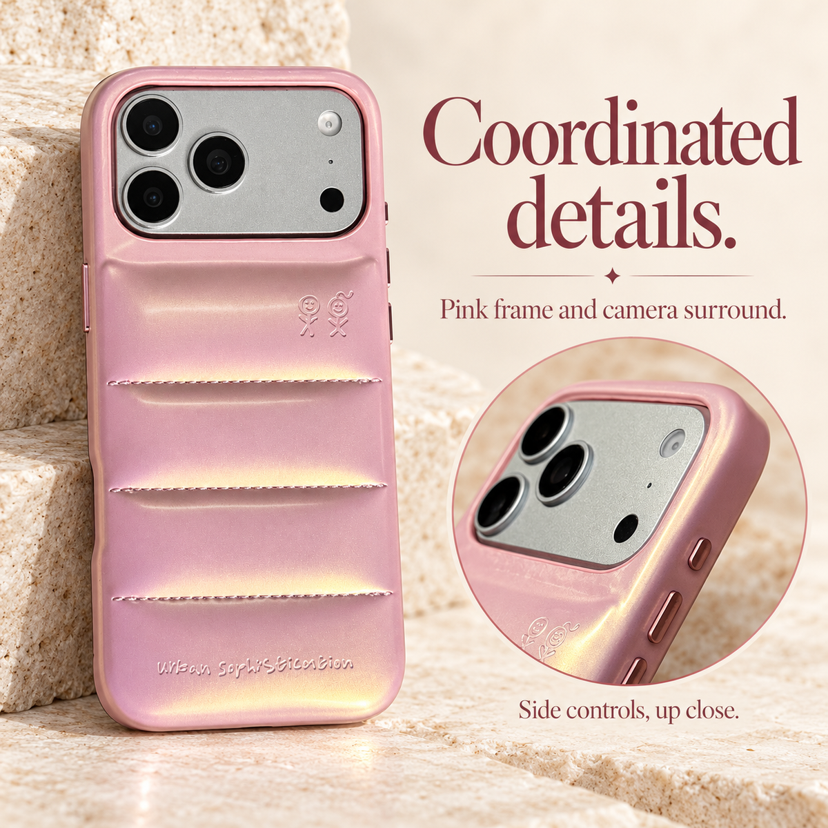 Full Iridescent Pink case with a circular close-up of the matching camera surround, pink edge and side controls.